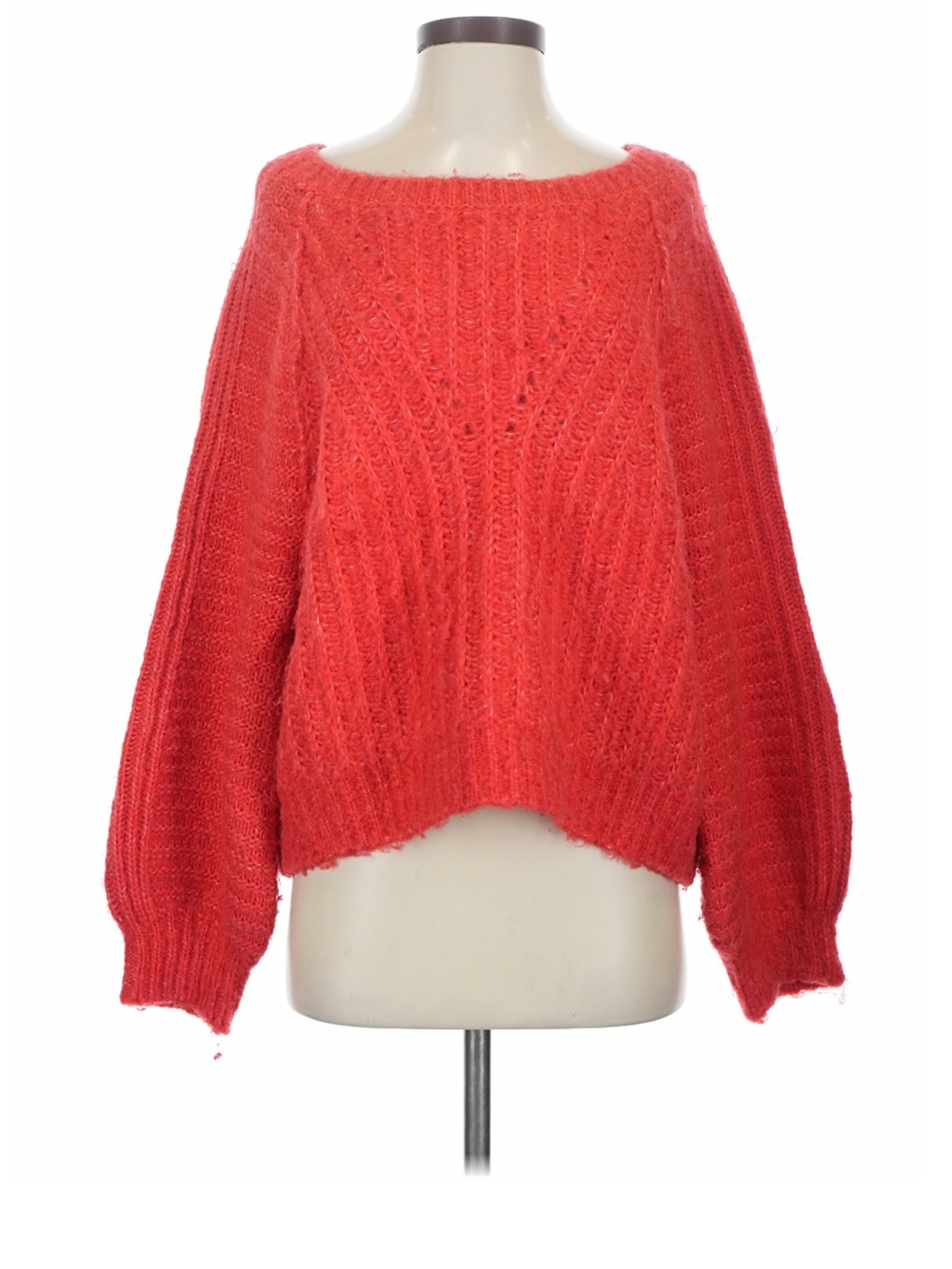 Free People Bright Red Chunky Knit Balloon-Sleeve Sweater